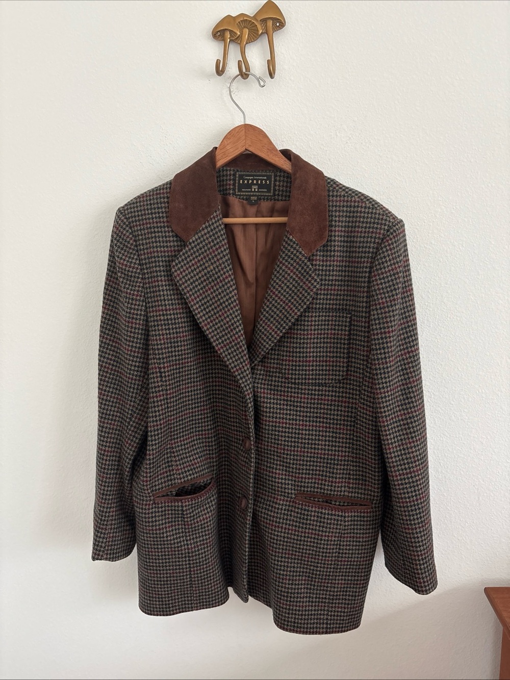 Vintage Express Houndstooth Blazer Jacket Large Tan Brown Suede Collar Pockets